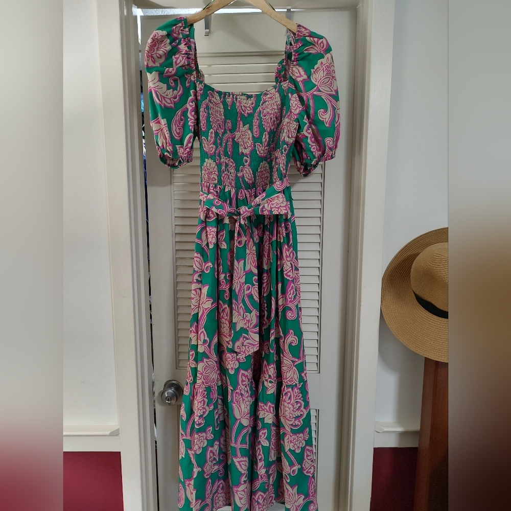 Flying Tomato Floral Puff Sleeve Maxi Dress - Green and Pink- Size Large